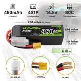 2 x OVONIC 14.8V 80C 450mAh 4S Lipo Battery Long Size with XT30 Plug